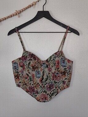 Vintage Boho Floral Tapestry Crop Top Cami Asymetric V Hem Corset Style